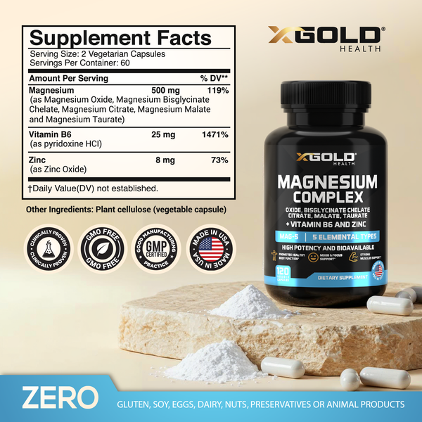Micronized Magnesium Complex Plus B6 | Zinc Magnesium Oxide, Bisglycinate Chelate, Citrate, Malate | Taurate | Bones, Muscle, Energy,Immune System High Absorption - Made in The USA - X Gold Health