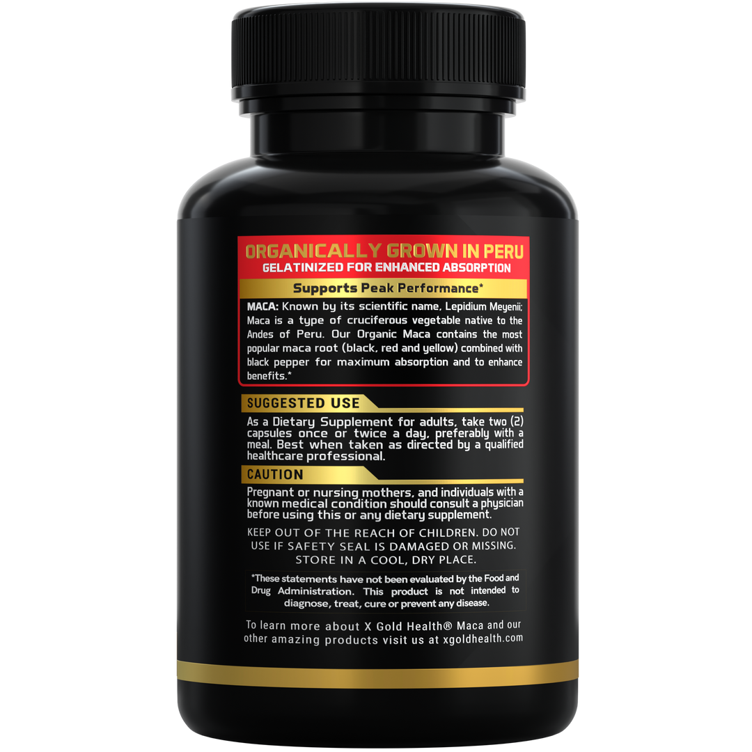 Maca Root Powder Capsules 1500mg (Black, Red &amp; Yellow Peruvian Maca) – Energy, Mood &amp; Vitality Support - Gelatinized Extract with Black Pepper - X Gold Health