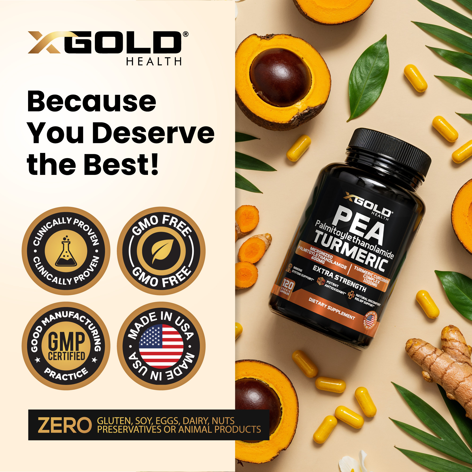 Palmitoylethanolamide 600 mg & Turmeric Curcumin 1000mg Supplement – - X Gold Health