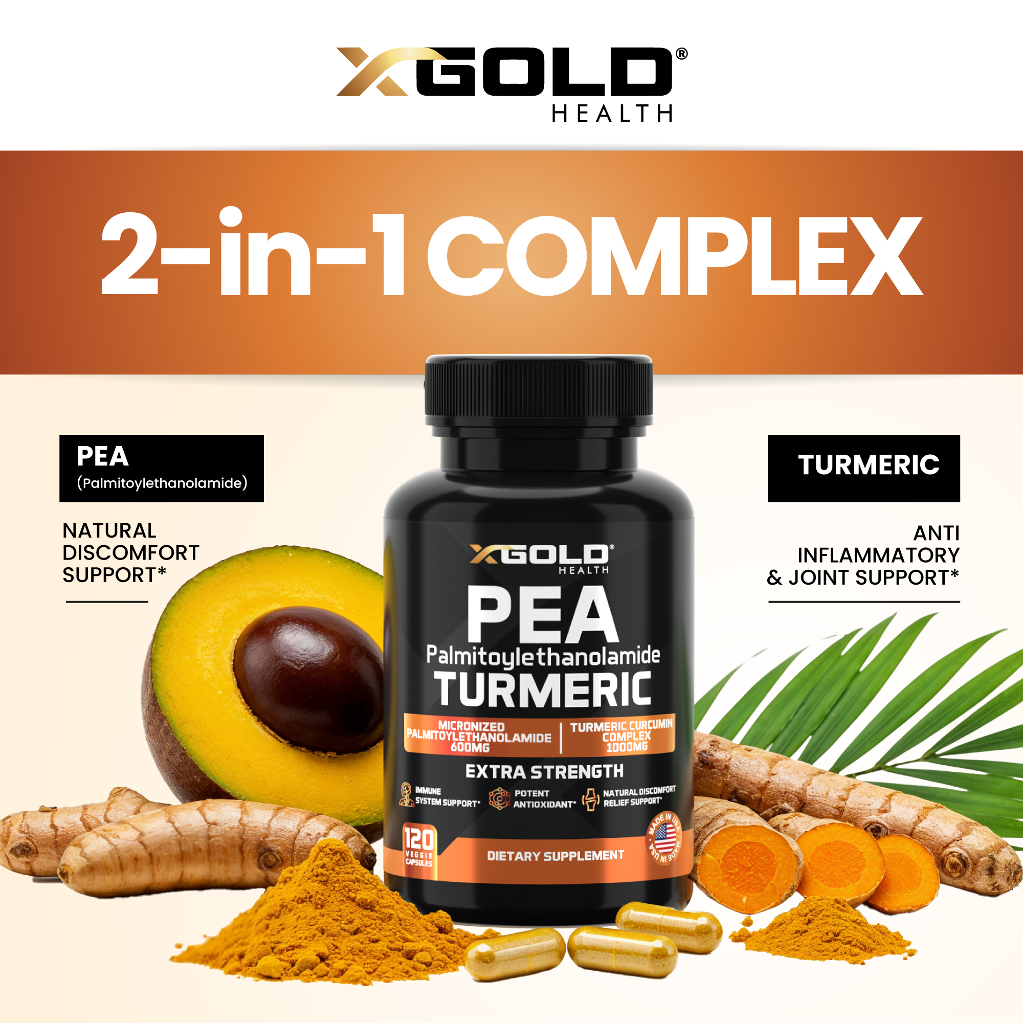 Palmitoylethanolamide 600 mg & Turmeric Curcumin 1000mg Supplement – - X Gold Health