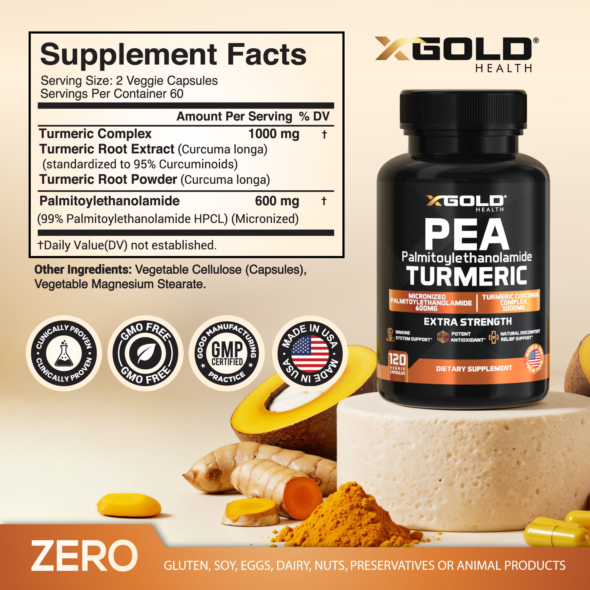 Palmitoylethanolamide 600 mg & Turmeric Curcumin 1000mg Supplement – - X Gold Health