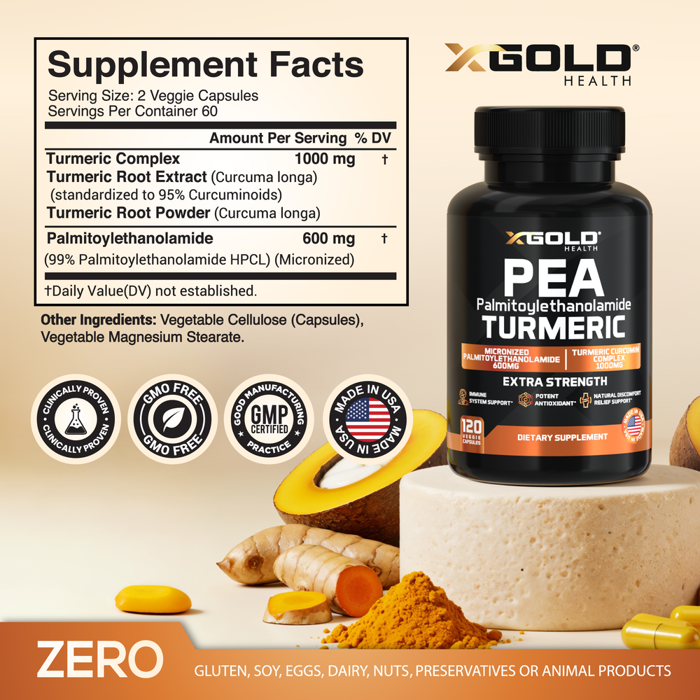Palmitoylethanolamide 600 mg & Turmeric Curcumin 1000mg Supplement – - X Gold Health
