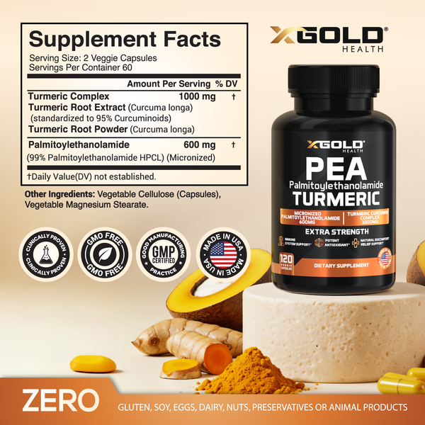 X Gold Health Palmitoylethanolamide 600mg & Turmeric Curcumin 1000mg Supplement – Micronized, Bioavailable, Supports Joint & Nerve Health –  120 Veggie Capsules - Made in USA,