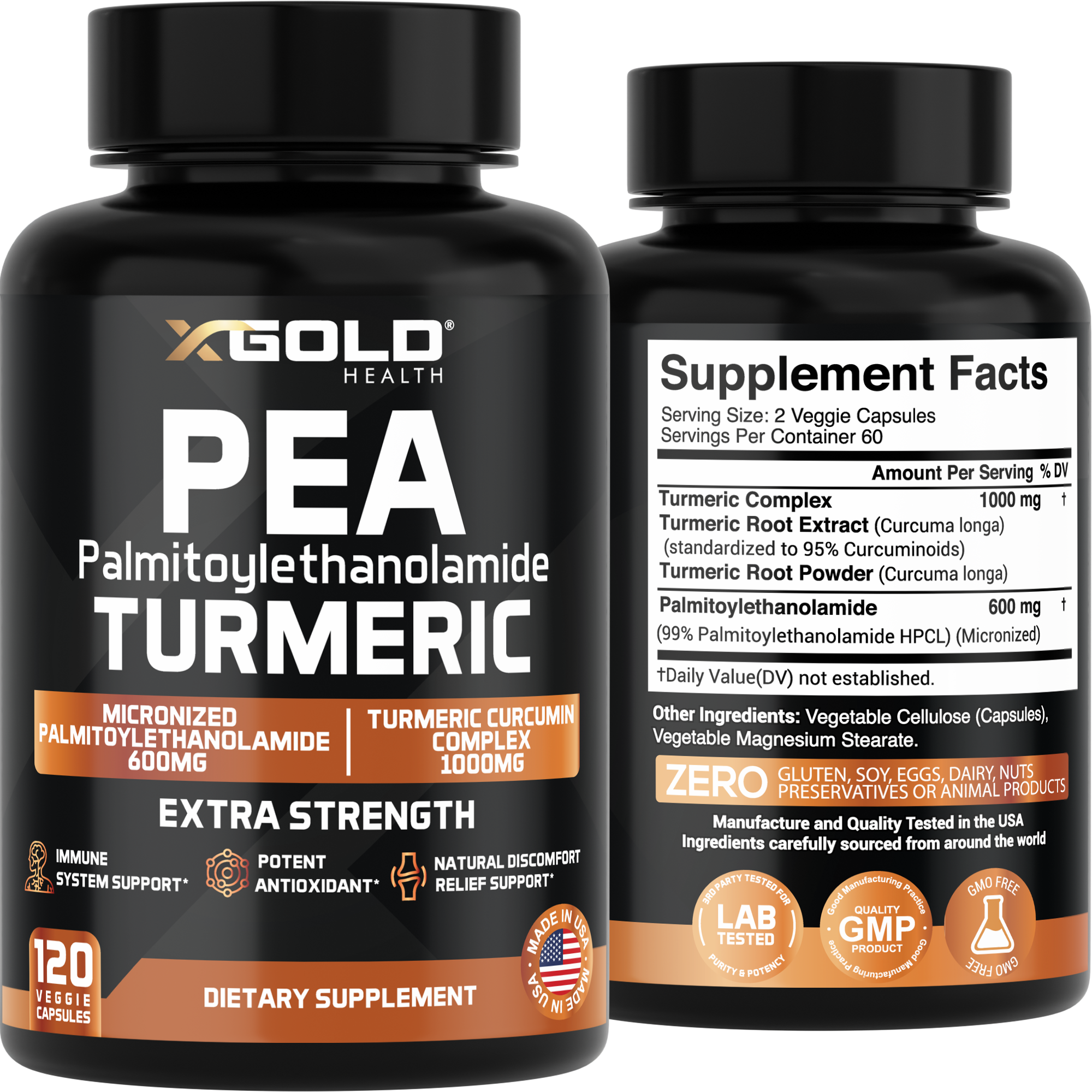Palmitoylethanolamide 600 mg & Turmeric Curcumin 1000mg Supplement – - X Gold Health
