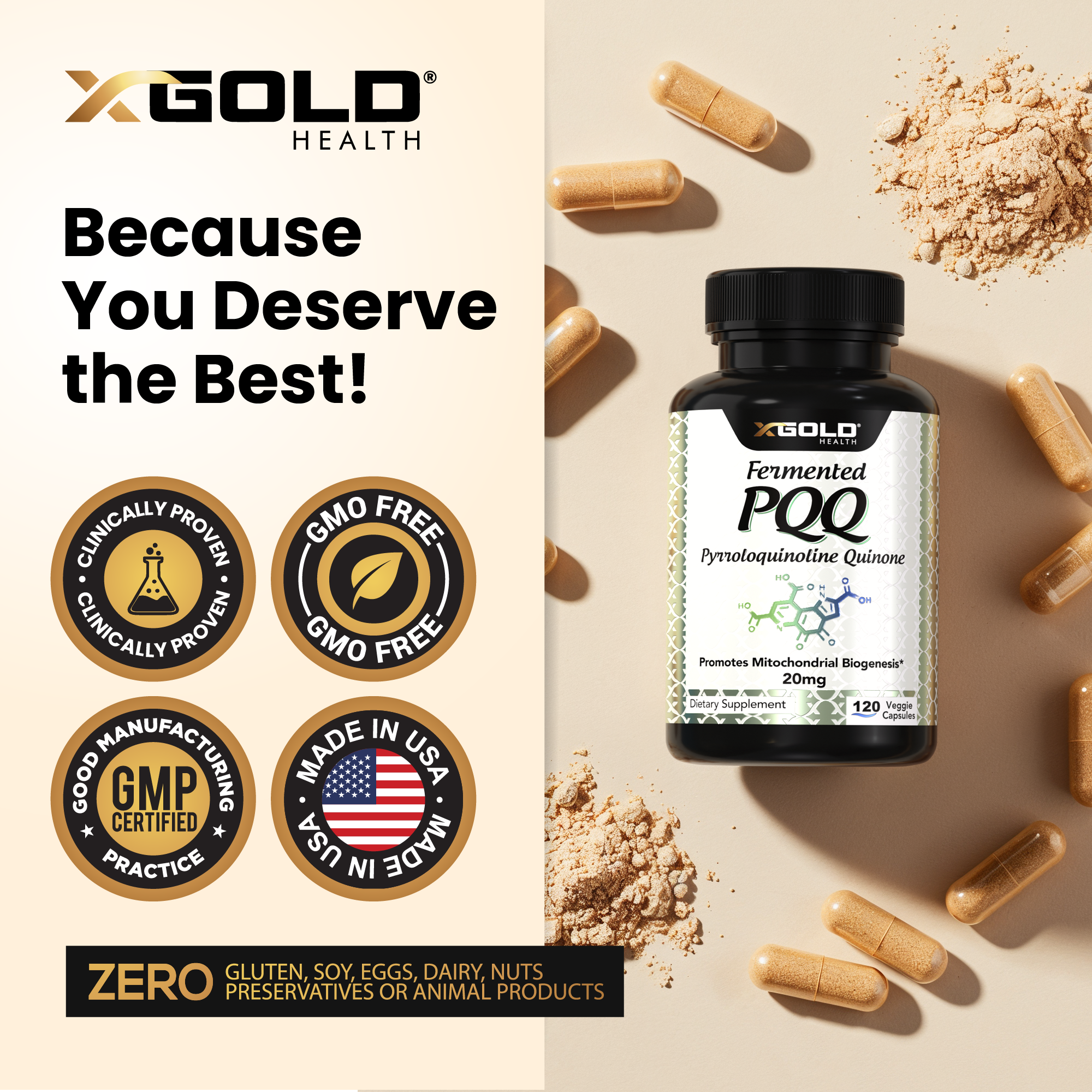 X Gold Health Fermented PQQ 99.7%+ – Mitochondrial Support, Energy Boost, Heart & Brain Health, Improved Sleep, Vitality & Recovery - Made in USA - X Gold Health