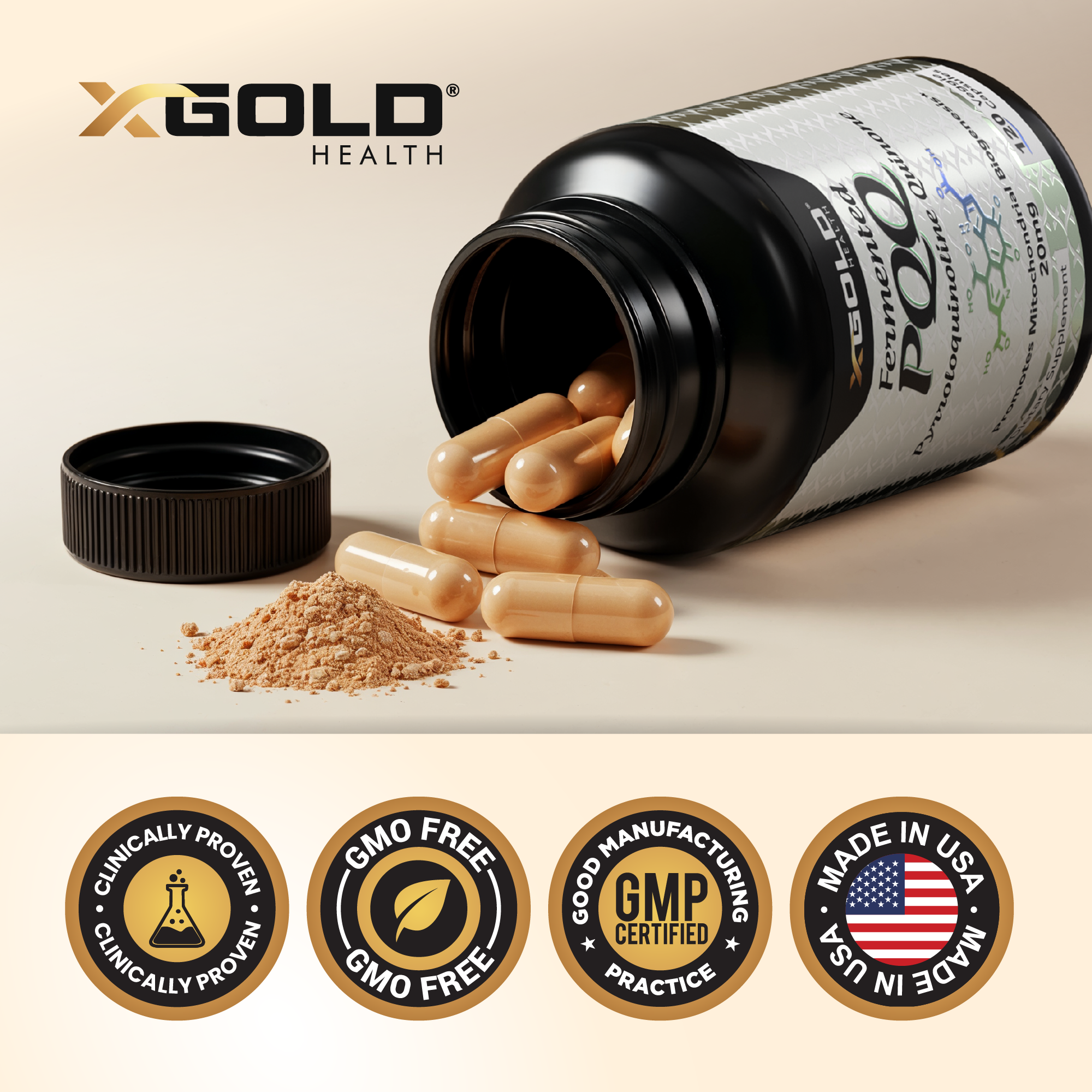 X Gold Health Fermented PQQ 99.7%+ – Mitochondrial Support, Energy Boost, Heart & Brain Health, Improved Sleep, Vitality & Recovery - Made in USA - X Gold Health