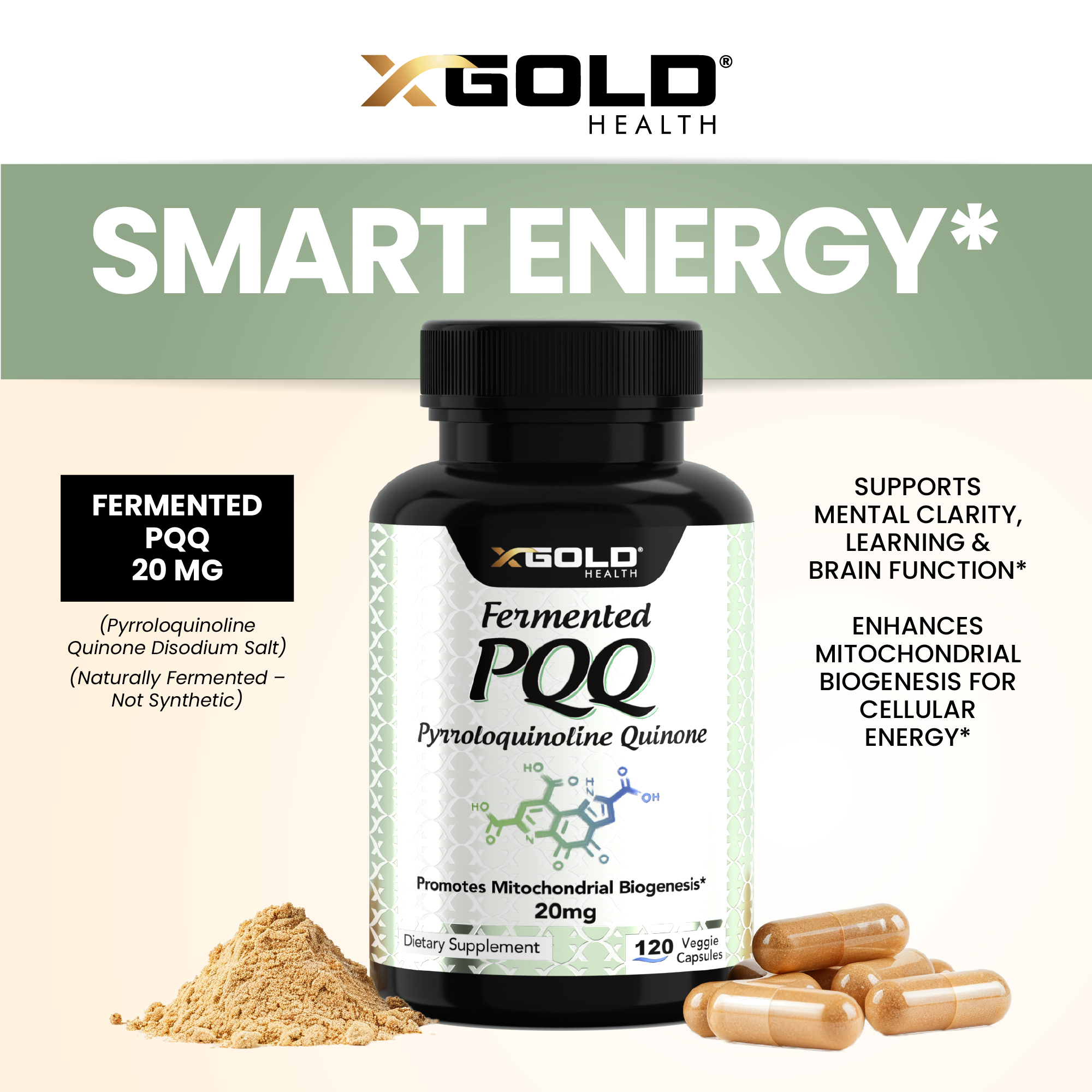 X Gold Health Fermented PQQ 99.7%+ – Mitochondrial Support, Energy Boost, Heart & Brain Health, Improved Sleep, Vitality & Recovery - Made in USA - X Gold Health