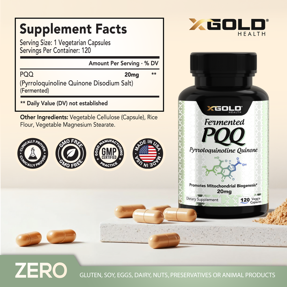 X Gold Health Fermented PQQ 99.7%+ – Mitochondrial Support, Energy Boost, Heart & Brain Health, Improved Sleep, Vitality & Recovery - Made in USA - X Gold Health