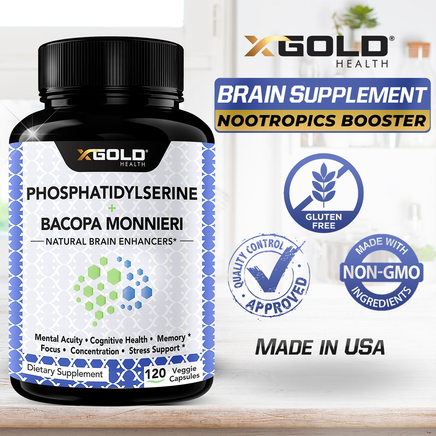 PhosphatidylSerine plus Bacopa Monnieri 400 mg 2 in 1 - X Gold Health