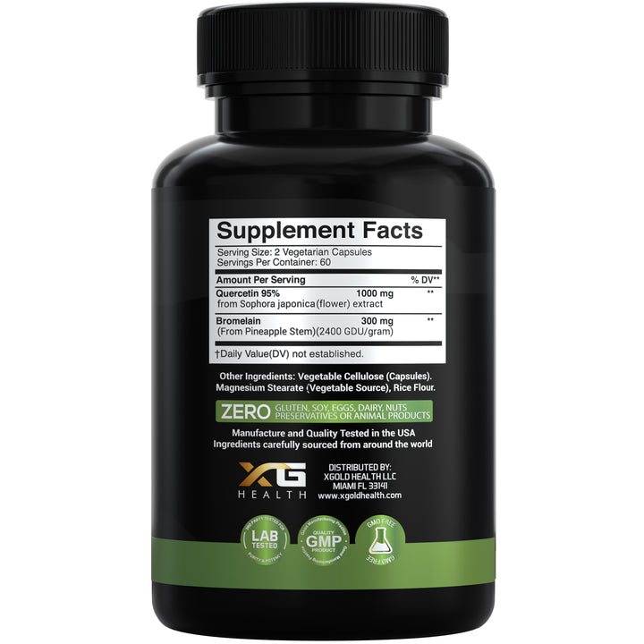 X Gold Health Quercetin + Bromelain 1,300mg – Quercetin: 95% - Highly Purified and Highly Bioavailable Plus Bromelain 2,400 GDU/g - Made in USA | 120 Capsules - X Gold Health