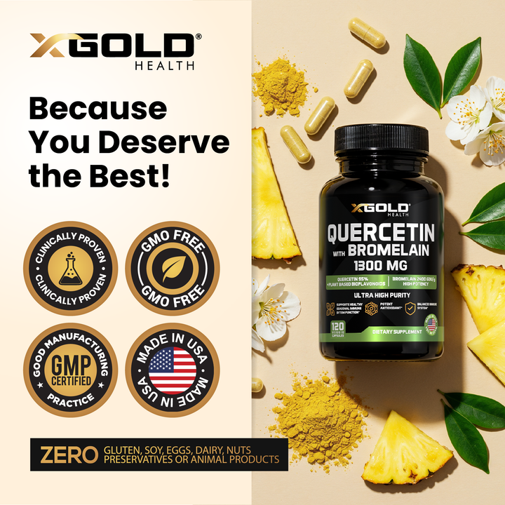 X Gold Health Quercetin + Bromelain 1,300mg – Quercetin: 95% - Highly Purified and Highly Bioavailable Plus Bromelain 2,400 GDU/g - Made in USA | 120 Capsules - X Gold Health