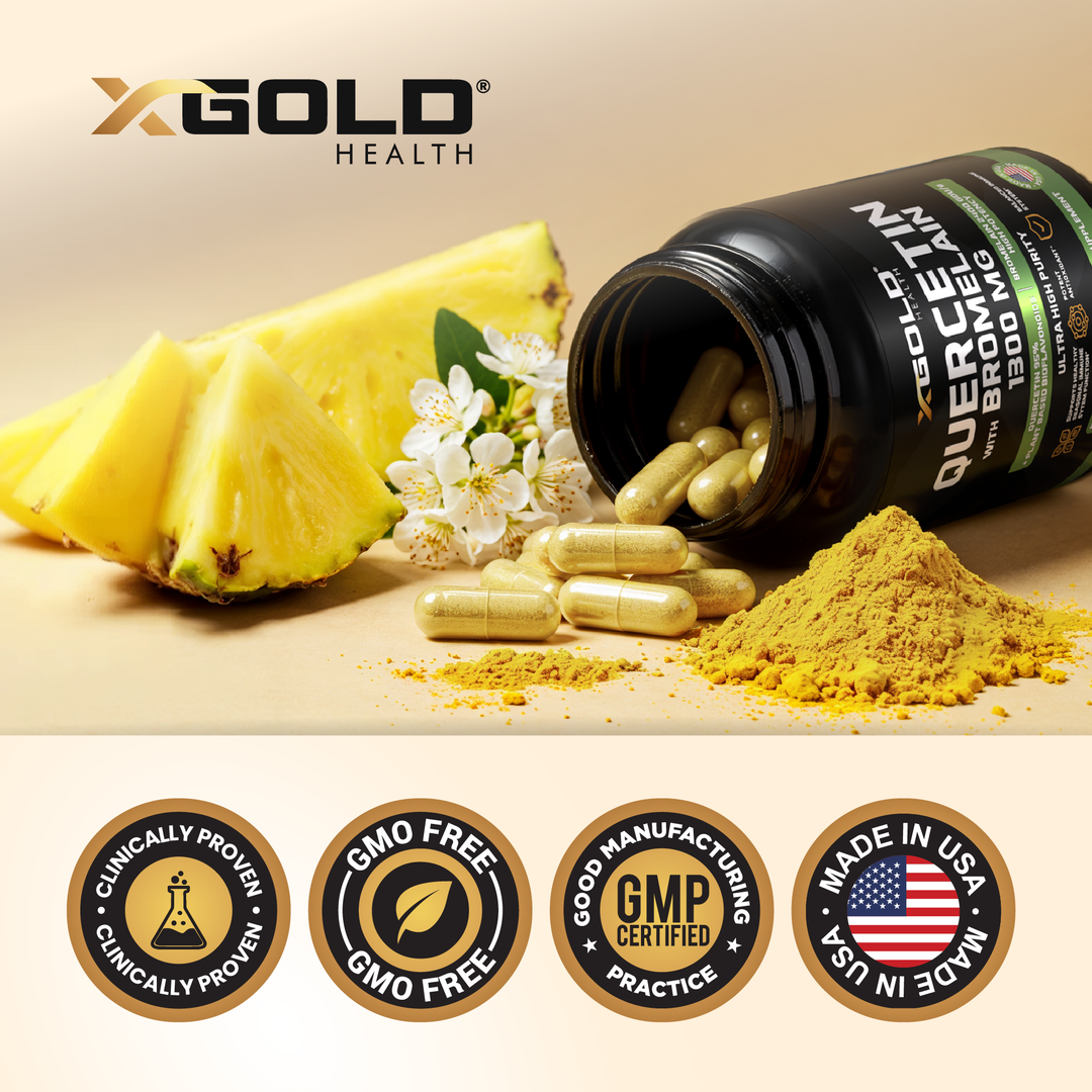 X Gold Health Quercetin + Bromelain 1,300mg – Quercetin: 95% - Highly Purified and Highly Bioavailable Plus Bromelain 2,400 GDU/g - Made in USA | 120 Capsules - X Gold Health