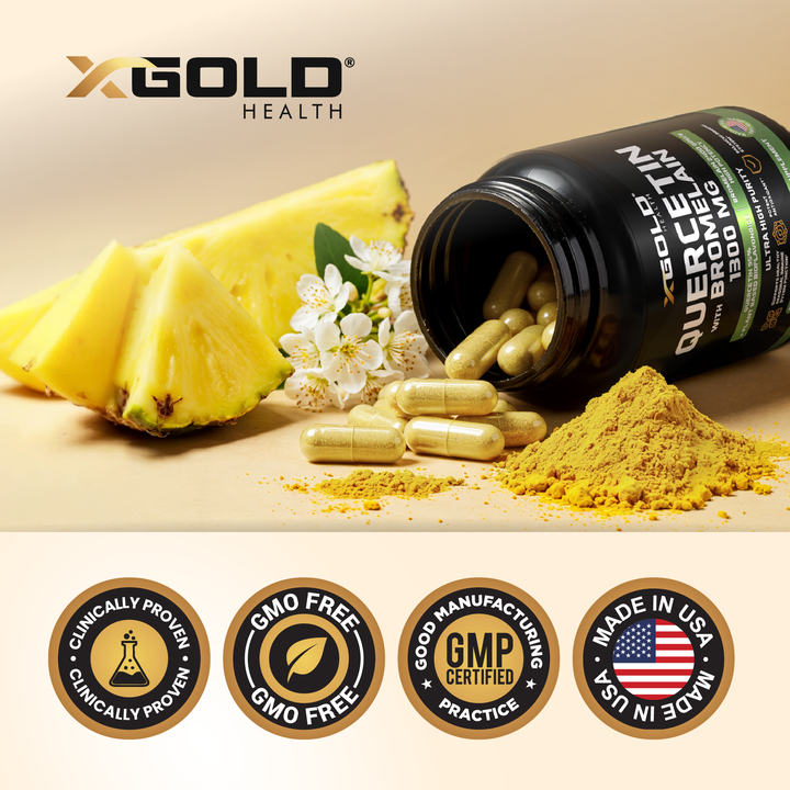 X Gold Health Quercetin + Bromelain 1,300mg – Quercetin: 95% - Highly Purified and Highly Bioavailable Plus Bromelain 2,400 GDU/g - Made in USA | 120 Capsules - X Gold Health