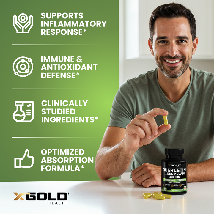 X Gold Health Quercetin + Bromelain 1,300mg – Quercetin: 95% - Highly Purified and Highly Bioavailable Plus Bromelain 2,400 GDU/g - Made in USA | 120 Capsules - X Gold Health