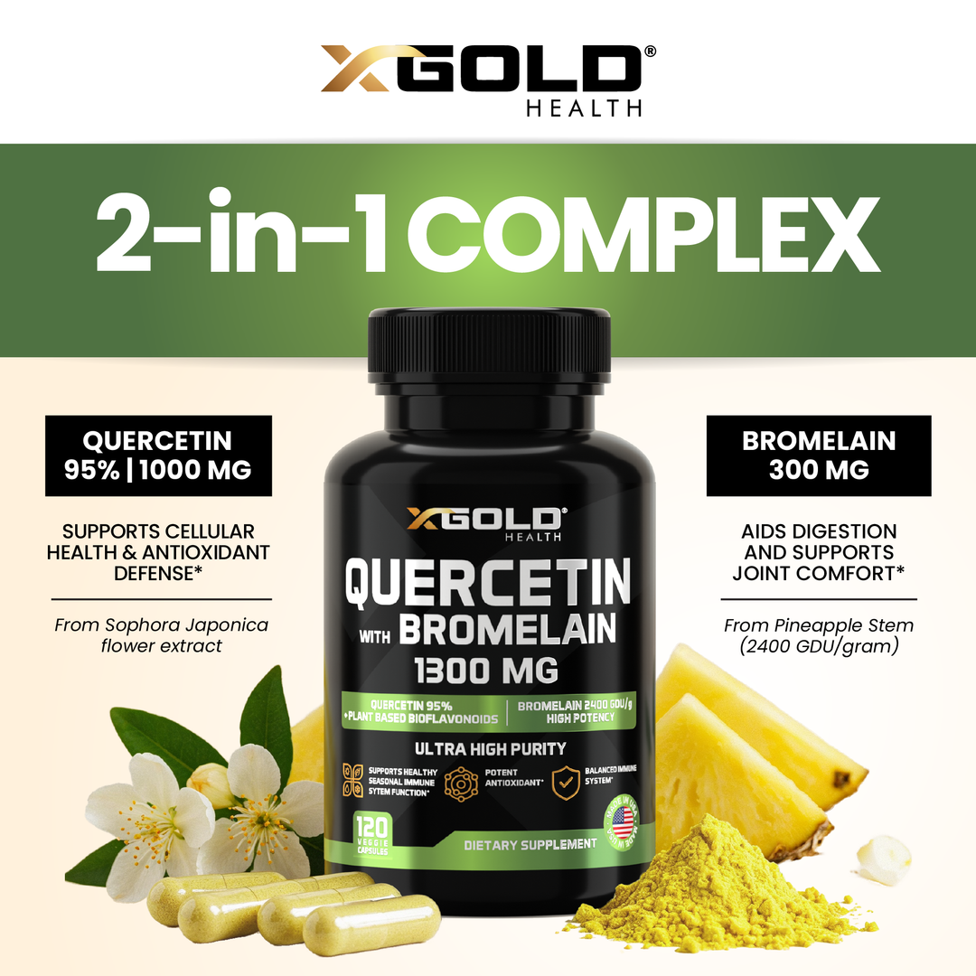 X Gold Health Quercetin + Bromelain 1,300mg – Quercetin: 95% - Highly Purified and Highly Bioavailable Plus Bromelain 2,400 GDU/g - Made in USA | 120 Capsules - X Gold Health