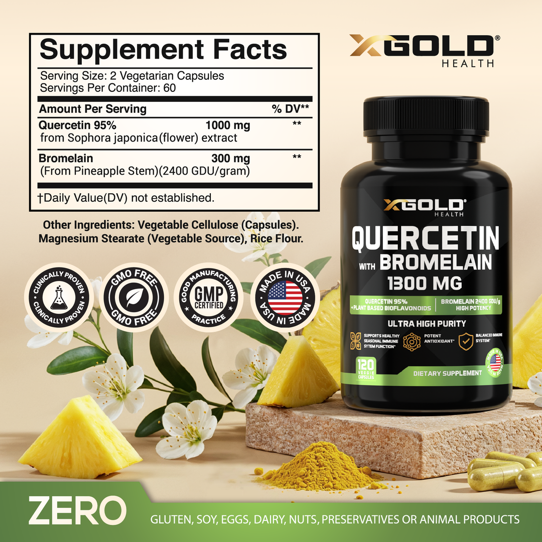 X Gold Health Quercetin + Bromelain 1,300mg – Quercetin: 95% - Highly Purified and Highly Bioavailable Plus Bromelain 2,400 GDU/g - Made in USA | 120 Capsules - X Gold Health