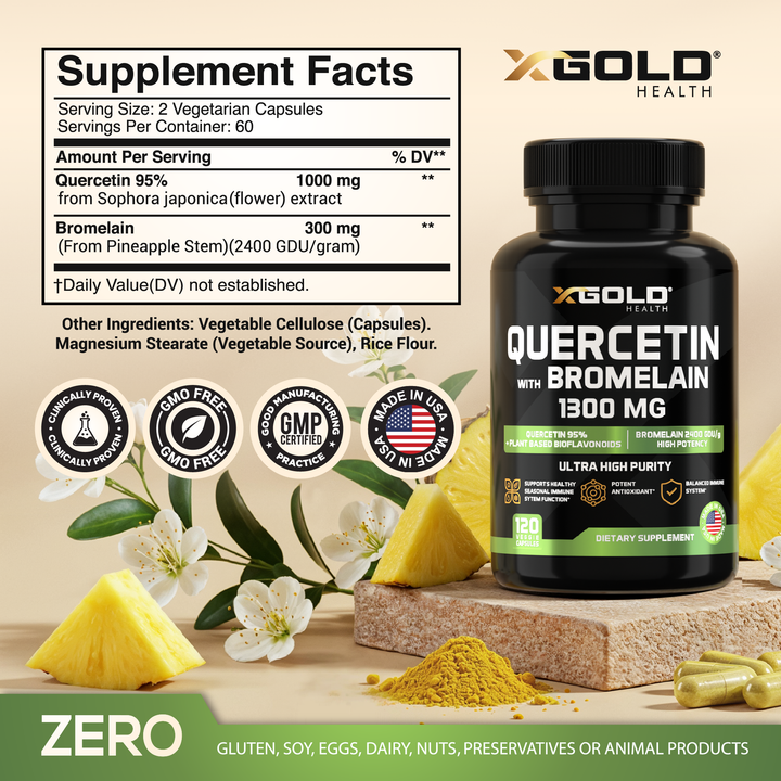 X Gold Health Quercetin + Bromelain 1,300mg – Quercetin: 95% - Highly Purified and Highly Bioavailable Plus Bromelain 2,400 GDU/g - Made in USA | 120 Capsules - X Gold Health