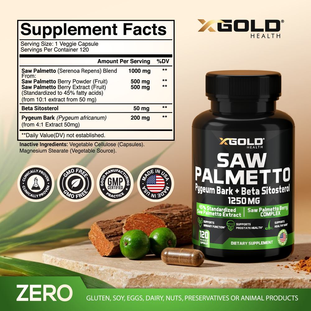 Saw Palmetto Blend:,Pygeum & Beta-Sitostero:  3-in-1 Advanced Prostate Support. - X Gold Health