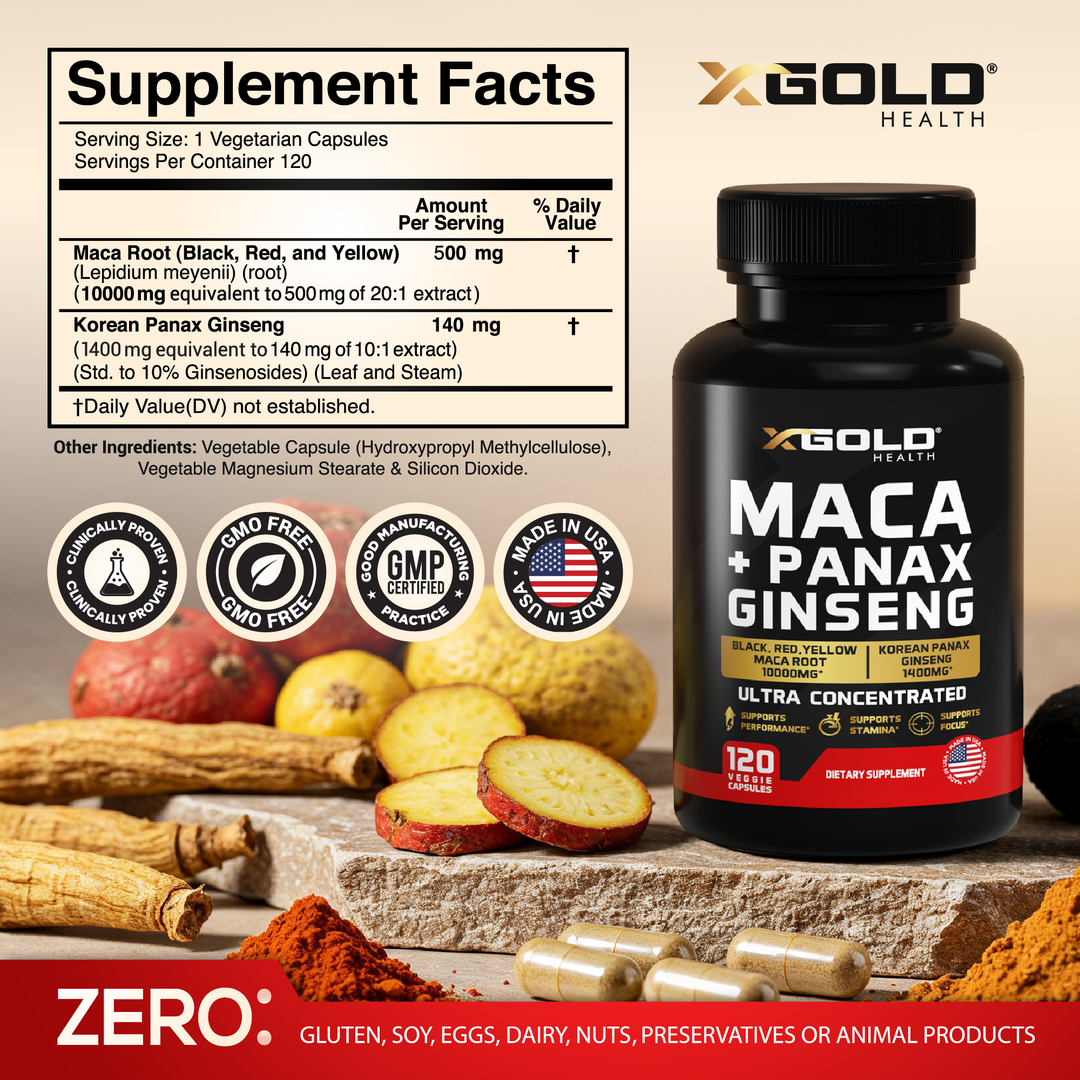 Maca Root Capsules 10,000mg + Korean Panax Ginseng 1,400mg - X Gold Health