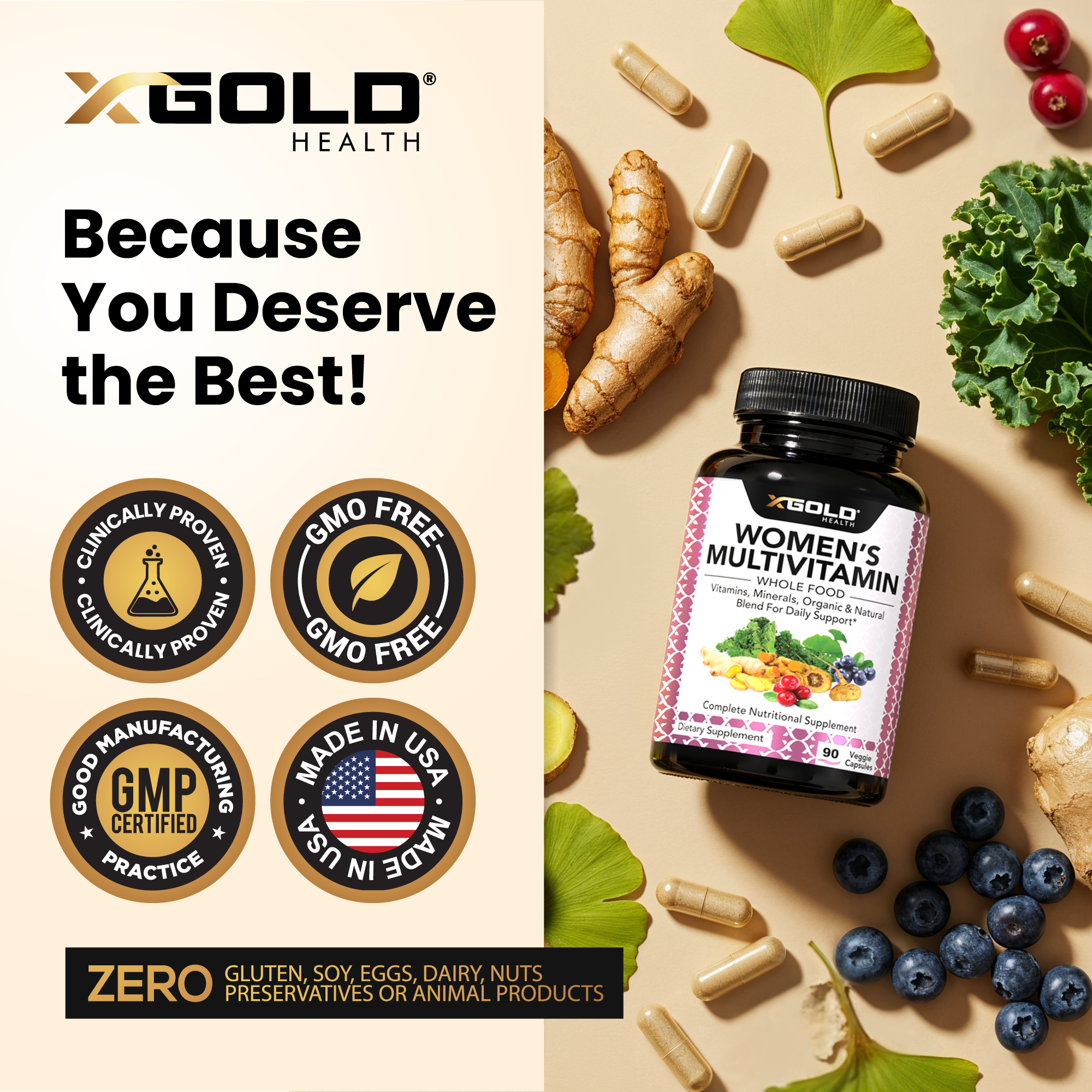 X Gold Health Vegan Women's Daily Multivitamin 50+ – With Ginger, Maca, B Complex & More – Supports Energy, Immunity & Overall Health – 90 Capsules - Made in USA - X Gold Health