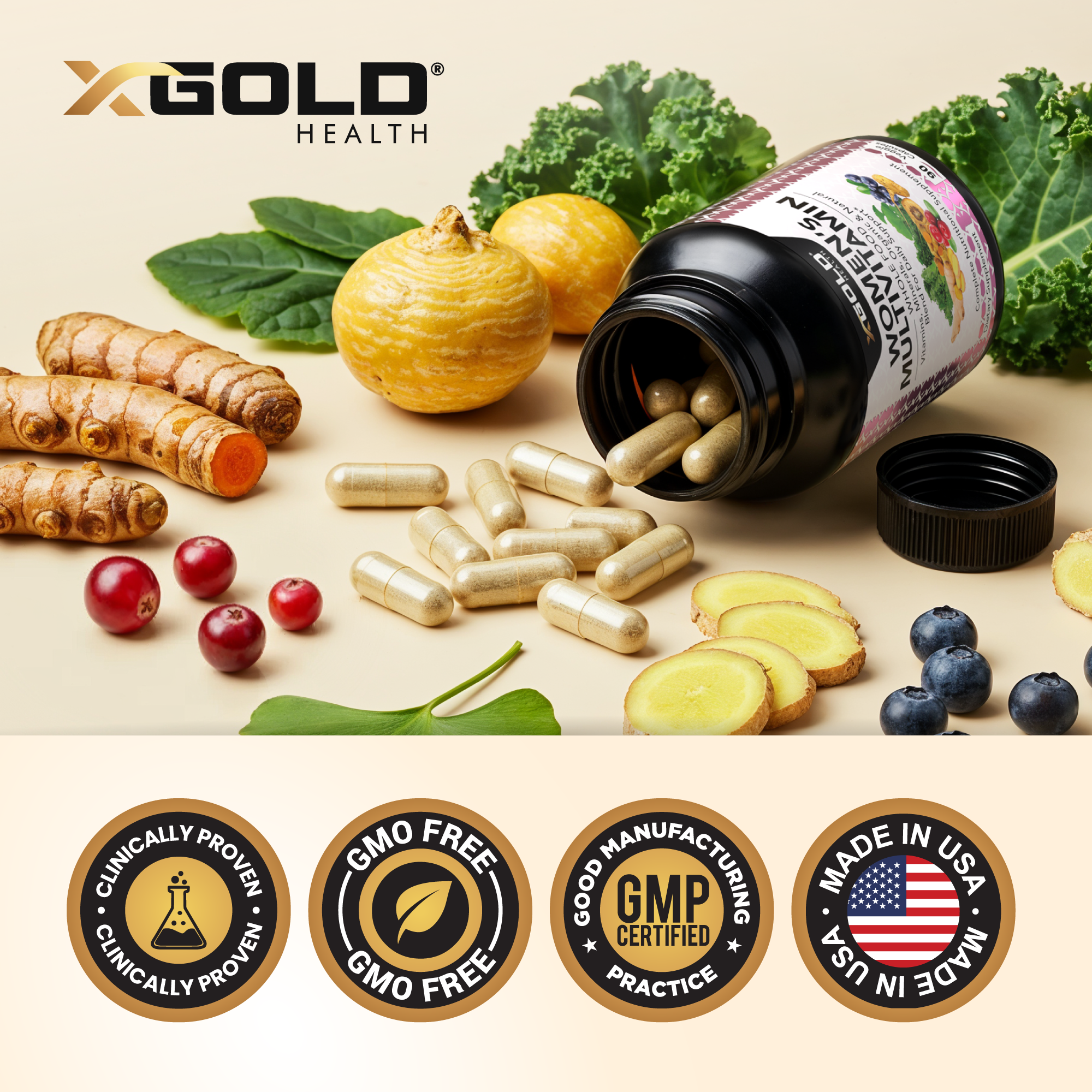 X Gold Health Vegan Women's Daily Multivitamin 50+ – With Ginger, Maca, B Complex & More – Supports Energy, Immunity & Overall Health – 90 Capsules - Made in USA - X Gold Health