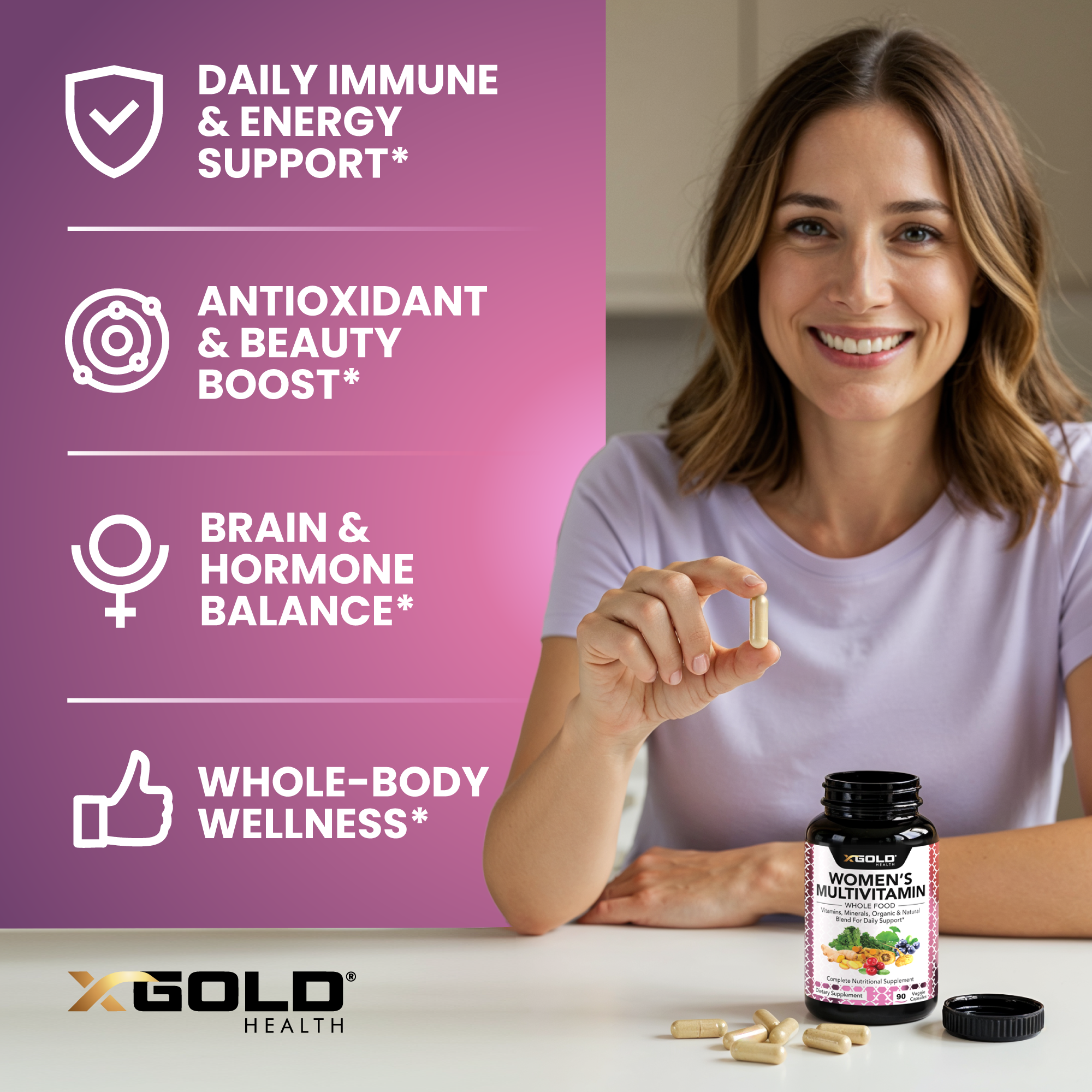 X Gold Health Vegan Women's Daily Multivitamin 50+ – With Ginger, Maca, B Complex & More – Supports Energy, Immunity & Overall Health – 90 Capsules - Made in USA - X Gold Health