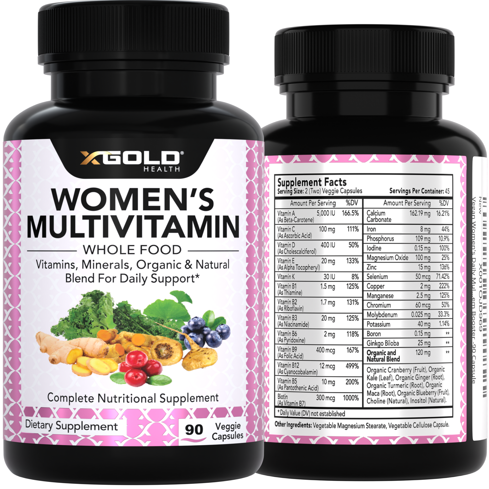 X Gold Health Vegan Women's Daily Multivitamin 50+ – With Ginger, Maca, B Complex & More – Supports Energy, Immunity & Overall Health – 90 Capsules - Made in USA - X Gold Health