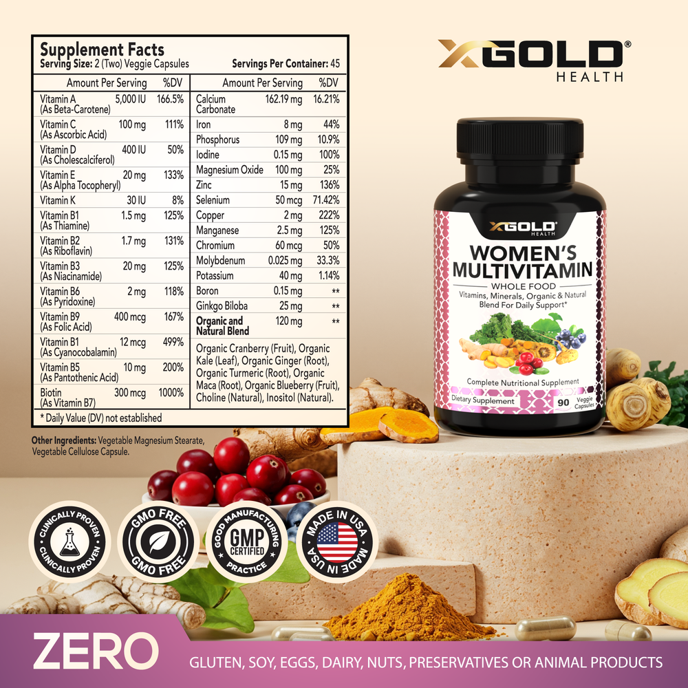 X Gold Health Vegan Women's Daily Multivitamin 50+ – With Ginger, Maca, B Complex & More – Supports Energy, Immunity & Overall Health – 90 Capsules - Made in USA - X Gold Health