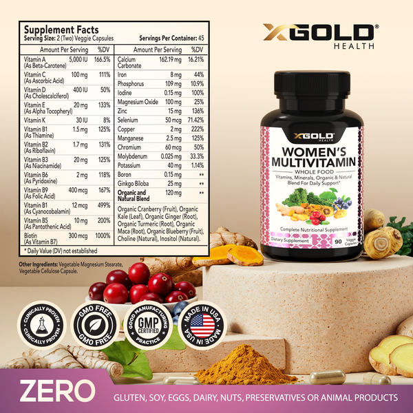 X Gold Health Vegan Women's Daily Multivitamin 50+ – With Ginger, Maca, B Complex & More – Supports Energy, Immunity & Overall Health – 90 Capsules - Made in USA