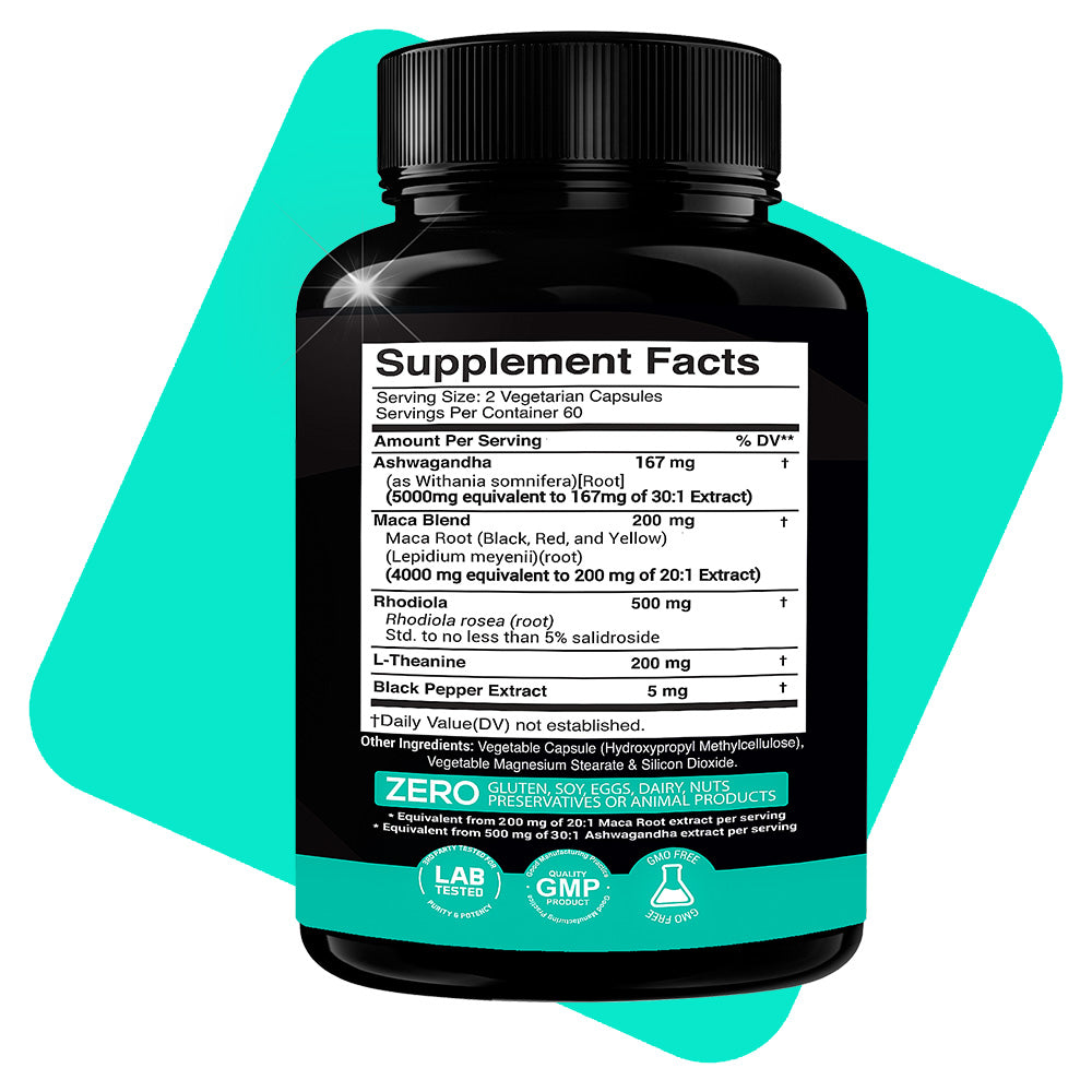 Ashwagandha 30:1 Extract &amp; Maca 20:1 Extract plus Rhodiola Rosea &amp; L-Theanine - X Gold Health