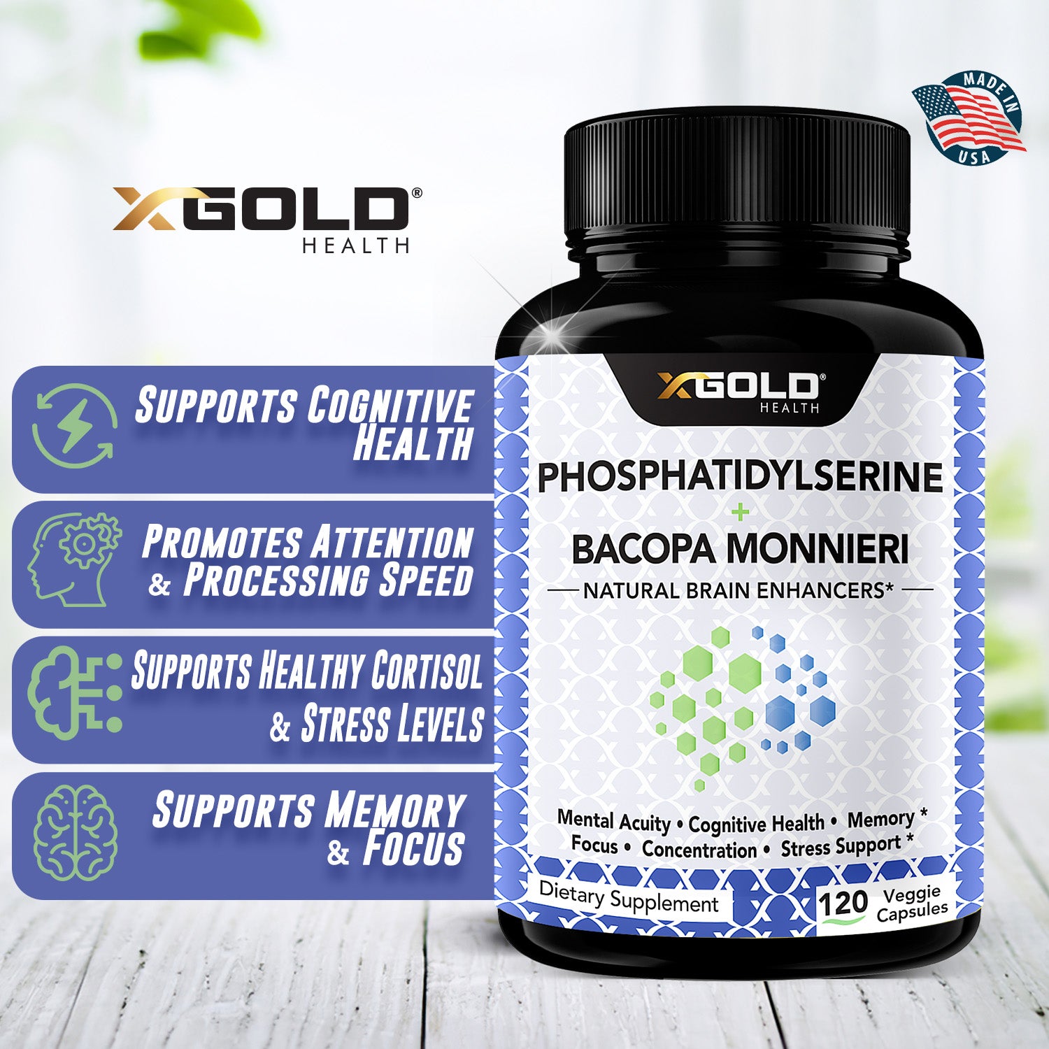 PhosphatidylSerine plus Bacopa Monnieri 400 mg 2 in 1 - X Gold Health
