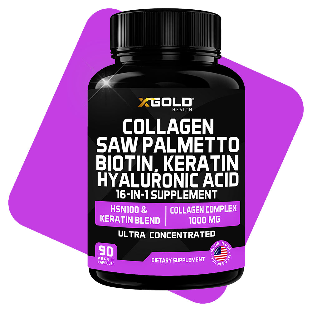 Collagen, Saw Palmetto, Biotin, Keratin, Keratin & Hyaluronic Acid - 16-in-1 Beauty Supplement with Vitamin C & E, Collagen Complex, Keratin Blend & HSN100 - Hair, Skin & Nail Growth - X Gold Health