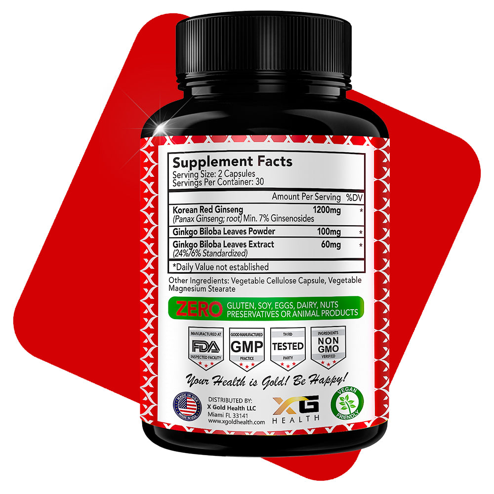 Korean Red Panax Ginseng 1200mg + Ginkgo Biloba - Extra Strength - X Gold Health
