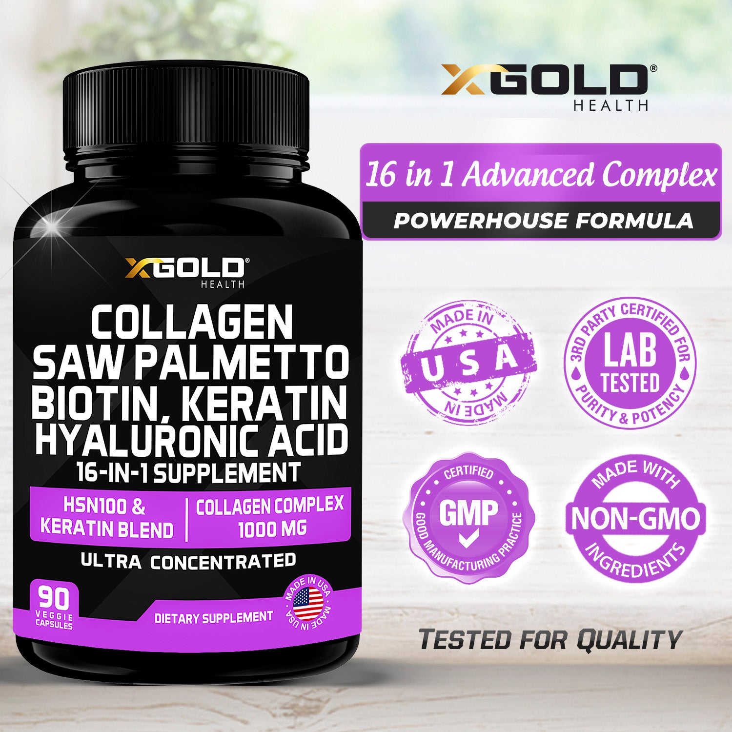 Collagen, Saw Palmetto, Biotin, Keratin, Keratin & Hyaluronic Acid - 16-in-1 Beauty Supplement with Vitamin C & E, Collagen Complex, Keratin Blend & HSN100 - Hair, Skin & Nail Growth - X Gold Health