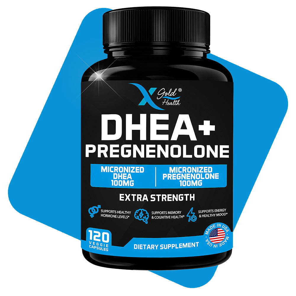 DHEA 100mg Plus Pregnenolone 100mg Highly Purified, Micronized  Supplements - X Gold Health